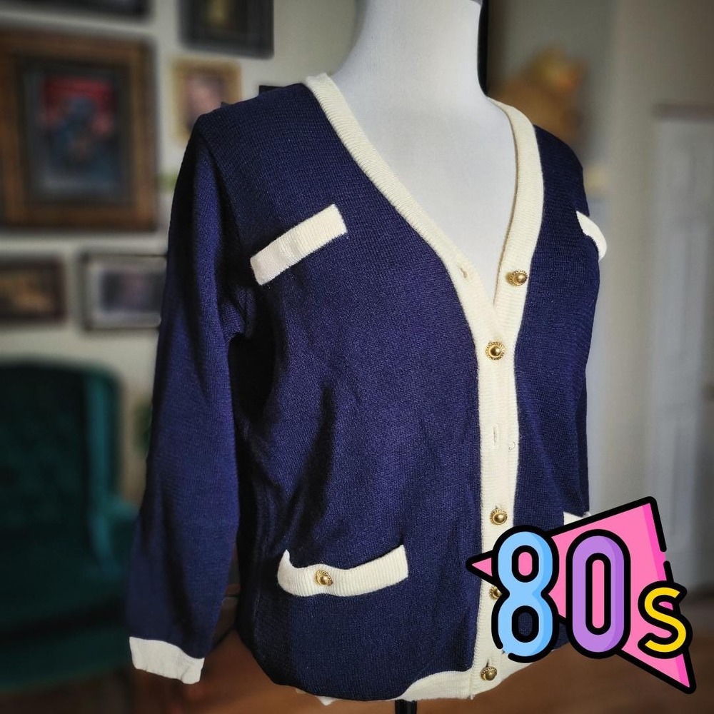 Jaeger Cardigan Navy Blue Vintage 80s Wool Gold Button Preppy‎ British Sweater S